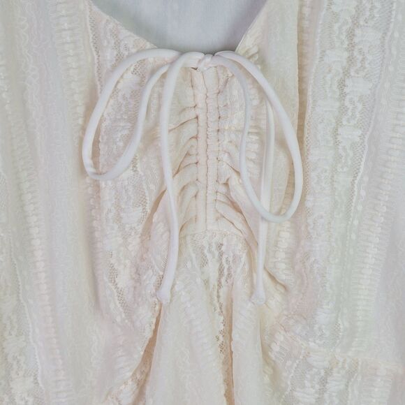 Arula Boho Lace Blouse 2X Cream NWT Scalloped Romantic Ruched Tie Sheer Sleeve - Picture 5 of 16